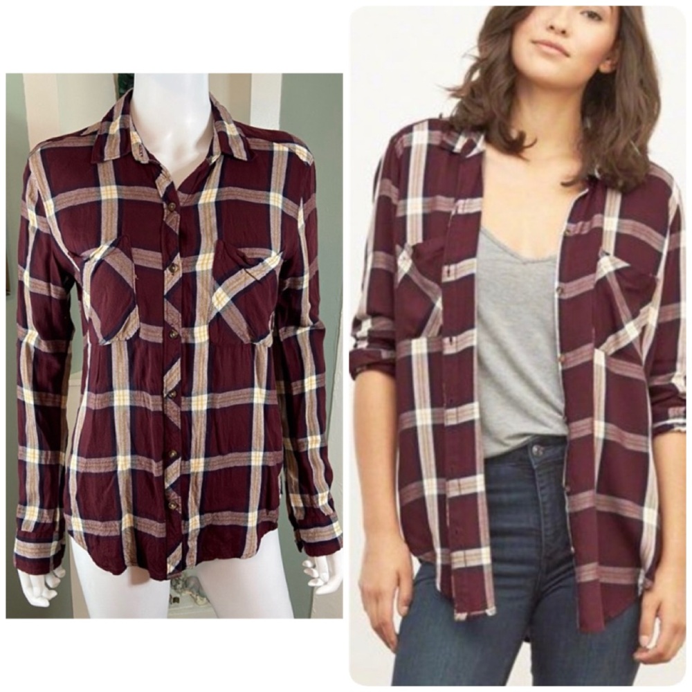 Abercrombie & Fitch Women’s Flannel Burgundy Plaid Button-Down Shirt Long Sleeve